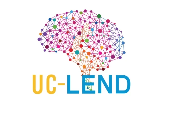 Colorful brain with blue and yellow text that says UC-LEND